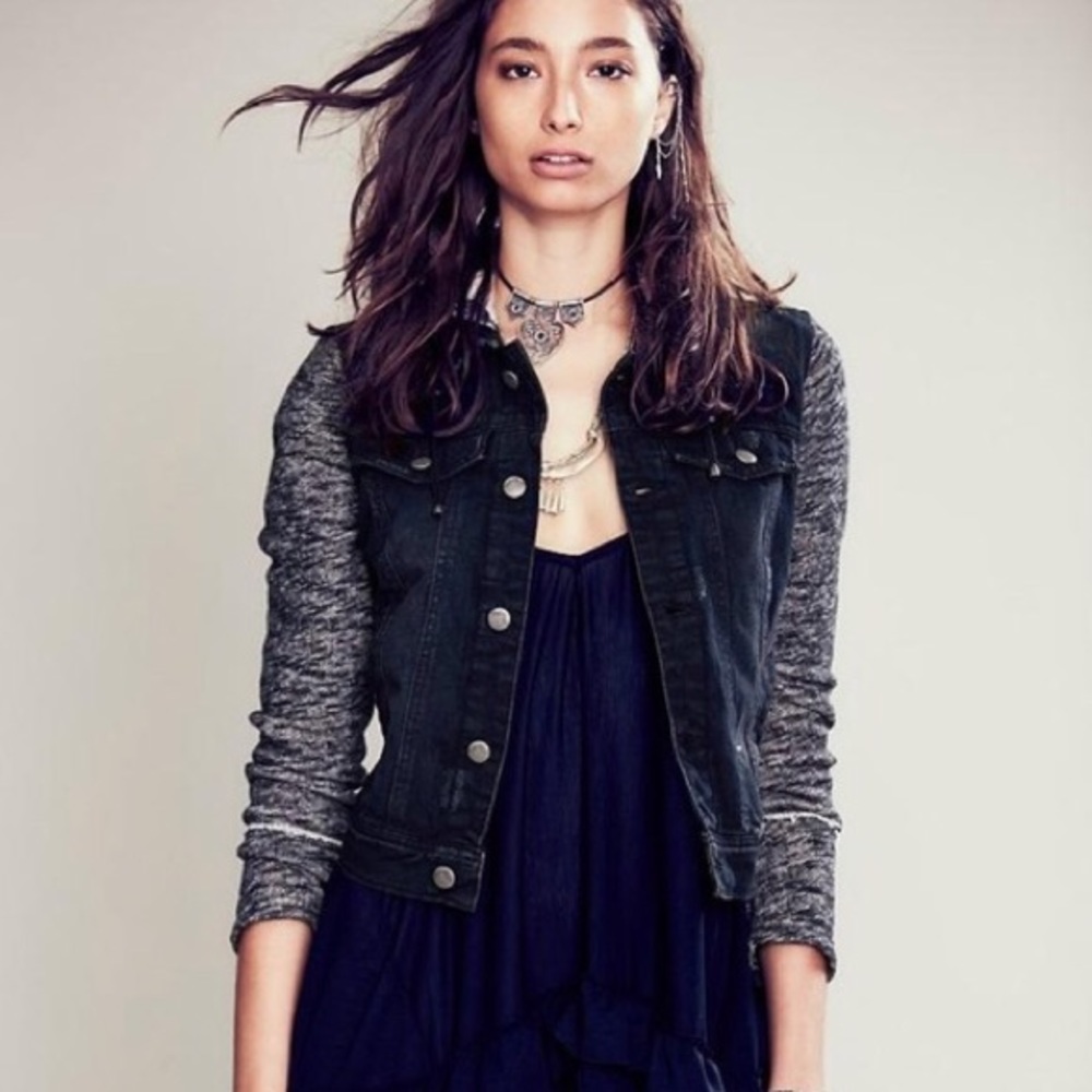 Free People Black Denim Vest with Gray Knit Sleeves
